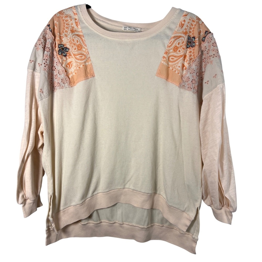 We The Free Women's Pale Pink Ribbed Fun Paisley Patchwork Boho Long Sleeve‎ Top